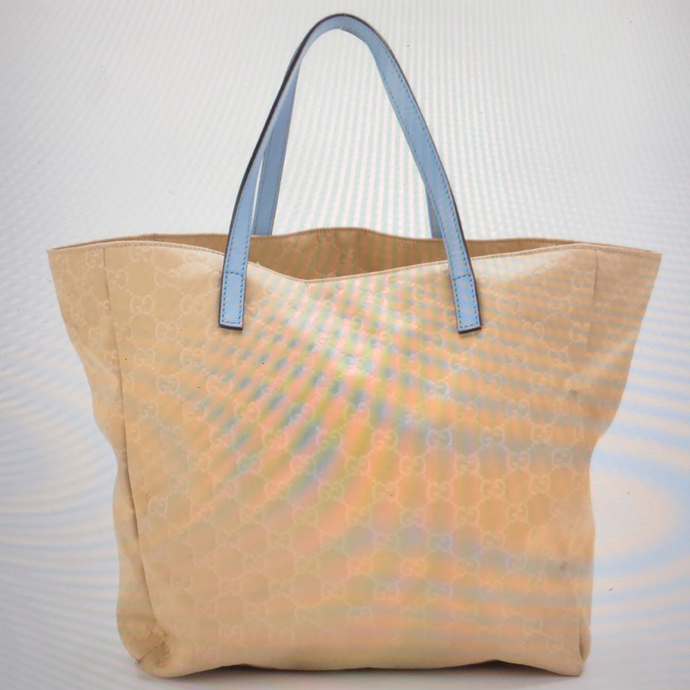 #0212 Gucci GG Beige Canvas & Baby Blue Leather Tote - Picture 2 of 11